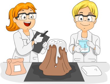 Kids Studying a Volcano Model clipart