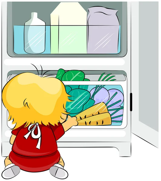Ребенок и открытый холодильник — стоковое фото