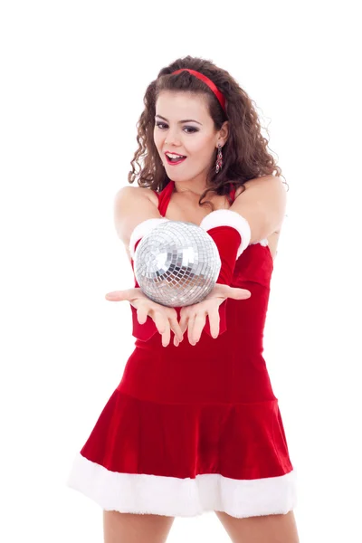 Santa vrouw met disco bal — Stockfoto