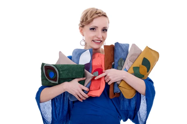Mulher com uma coleção de bolsa — Fotografia de Stock