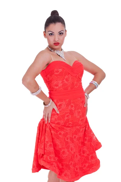Pretty latino girl in red dress — Stock Photo, Image