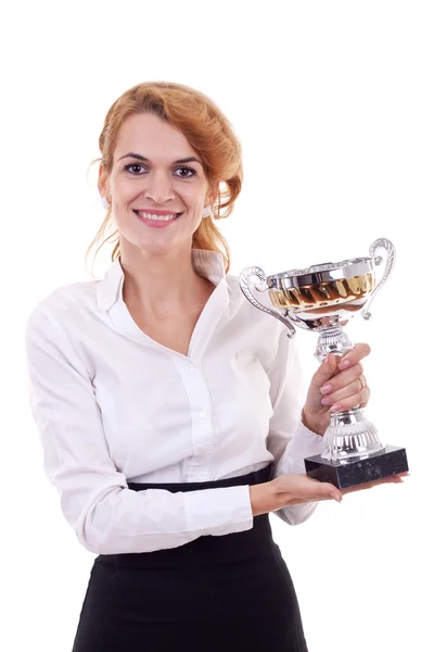 Kvinna vinna en silver cup — Stockfoto