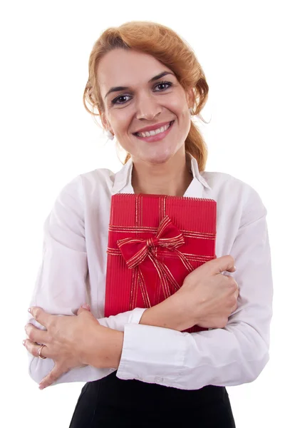 Zakelijke vrouw met geschenkdoos — Stockfoto