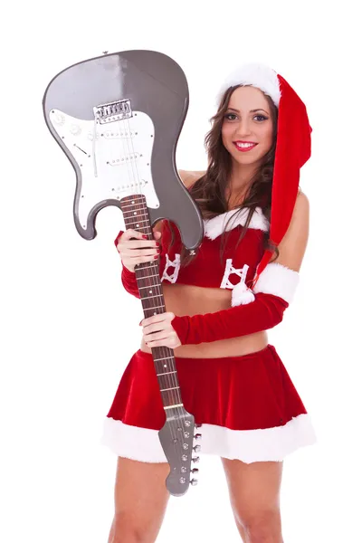 Sexy santa segurando uma guitarra elétrica — Fotografia de Stock