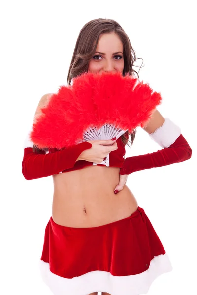 Sexy santa con abanico de plumas rojas —  Fotos de Stock