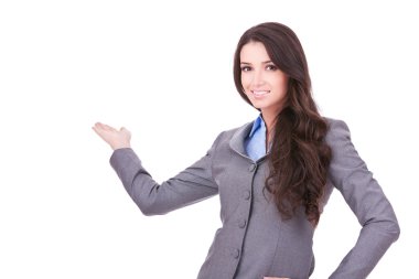 Woman with her arm out in a welcoming clipart