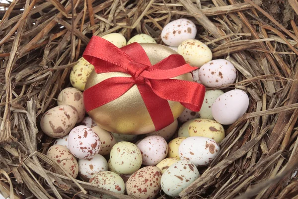 Oeufs de Pâques dorés dans le nid d'oiseaux sur blanc — Photo