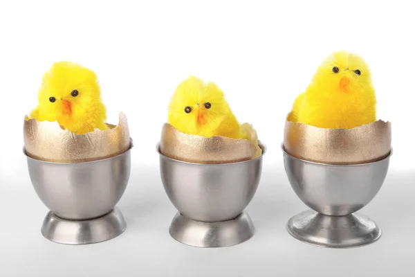 Easter chicks on egg cups over white — Stock Photo, Image