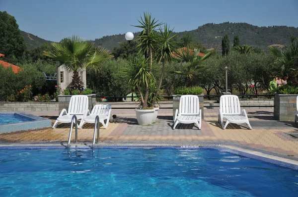Zwembad met ligstoelen en palmbomen — Stockfoto