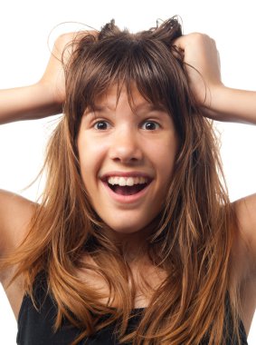 Happy young teenage girl after hearing a good news. clipart