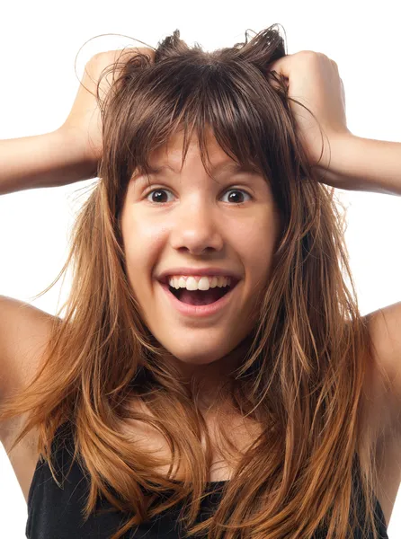 Happy young teenage girl after hearing a good news. — Stock Photo, Image