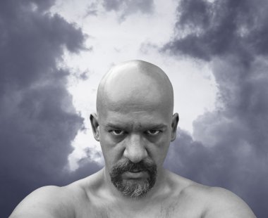 Bald naked man with sinister look in his eyes. clipart