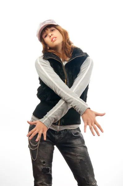 Beautiful teenage rapper girl slowly dancing with crossed arms.. — Stock Photo, Image