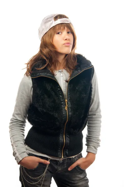 Beautiful teenage rapper girl posing with hands in her pockets. — Stock Photo, Image