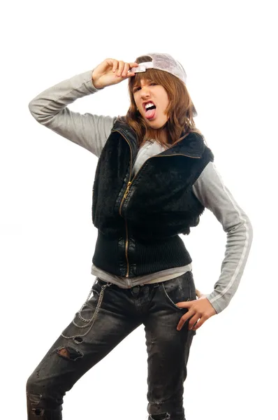 Beautiful teenage rapper girl makes faces while posing. — Stock Photo, Image