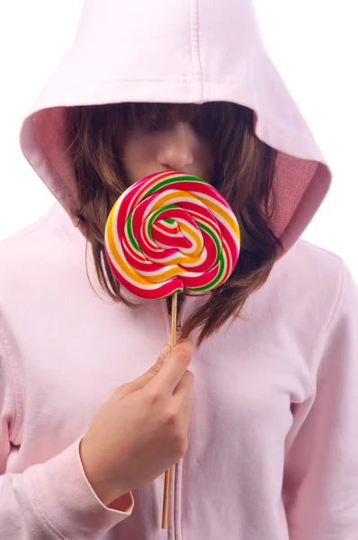 Gadis dengan sweater pink dan lollipop — Stok Foto