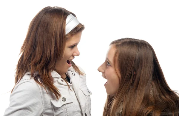 Zwei hübsche Mädchen im Teenageralter lachen und reden — Stockfoto
