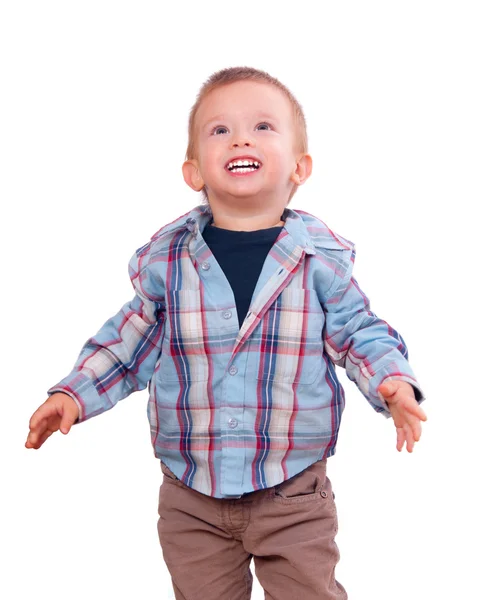 Αρκετά μικρό αγόρι αναζητά και χαμόγελα που απομονώνονται σε λευκό φόντο — Φωτογραφία Αρχείου