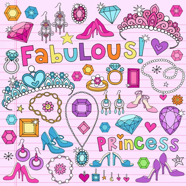 Πριγκίπισσα σημειωματάριο doodles διανυσματικά εικονογράφηση σχεδιαστικά στοιχεία — Διανυσματικό Αρχείο