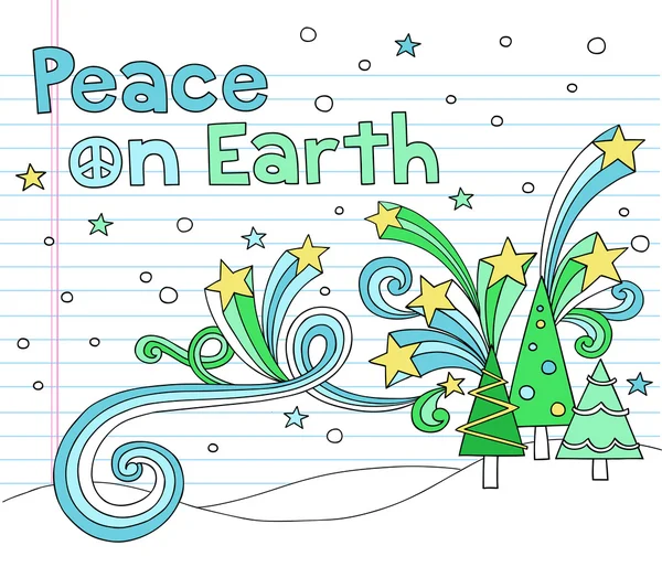 Ειρήνη στην γη χριστουγεννιάτικο δέντρο σημειωματάριο doodles εικονογράφηση φορέας — Διανυσματικό Αρχείο