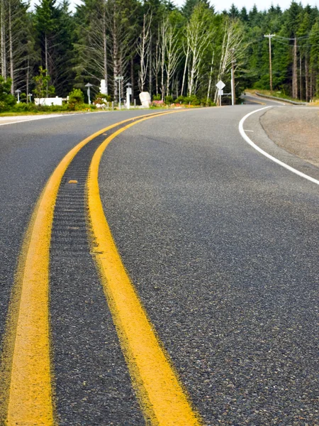 Egy erdőben kanyargós görbe két sávos országúton — Stock Fotó