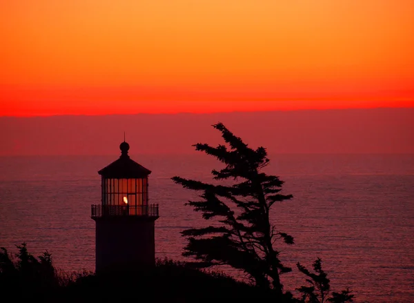 Luz brillando en el faro de North Head en la costa de Washington en Sunse —  Fotos de Stock
