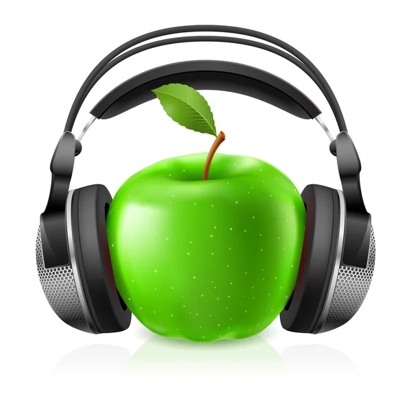 Realistische Kopfhörer und grüner Apfel — Stockvektor