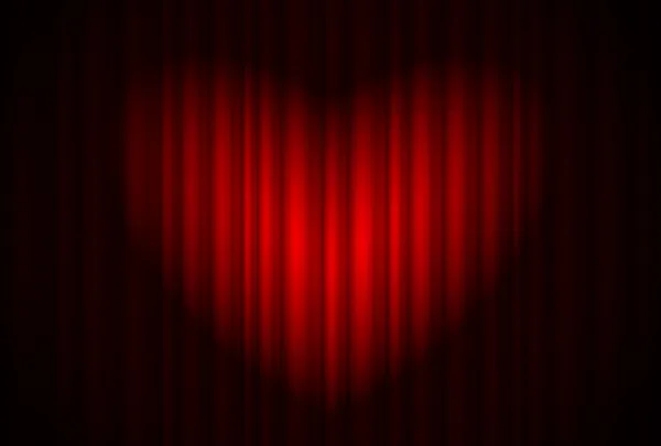 Στάδιο με κόκκινη κουρτίνα και μεγάλη φώτα της δημοσιότητας, σχήμα καρδιάς — Διανυσματικό Αρχείο