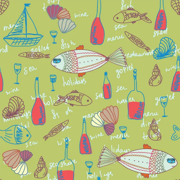 Restaurant seamless pattern with fishes — Stock Vector