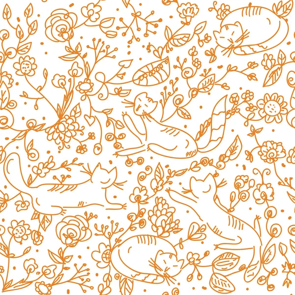 猫と花のシームレスな壁紙 — ストックベクタ