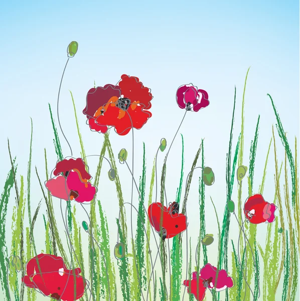 stock vector Poppies hand-drawn landscape