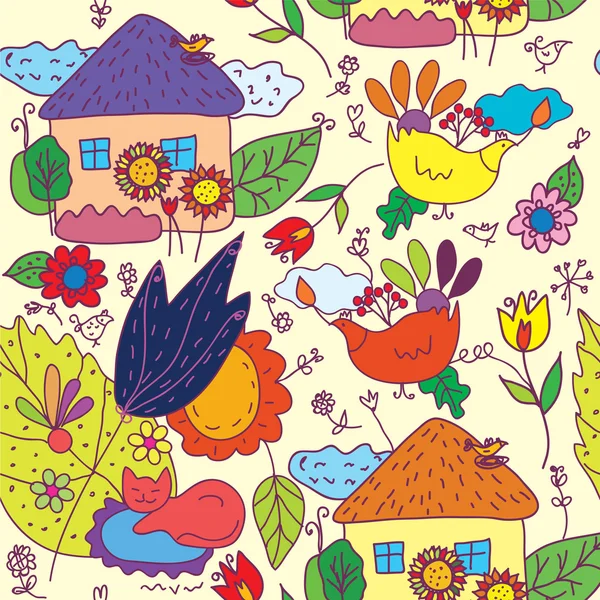 Seamless pattern with houses, flowers, birds — Stock Vector