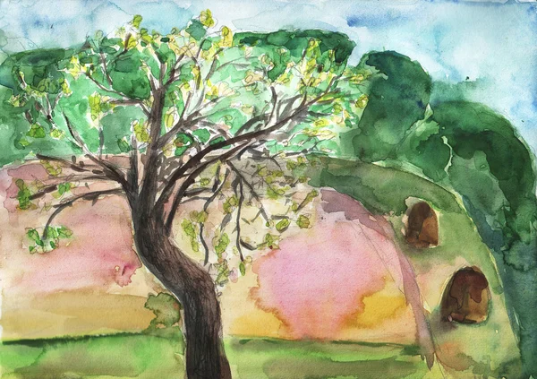 Акварельний пейзаж з деревом — стокове фото