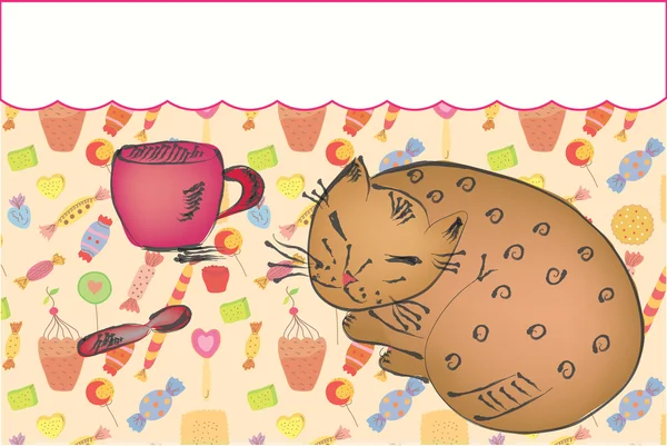 Kedi ve tatlılar arka plan — Stok Vektör