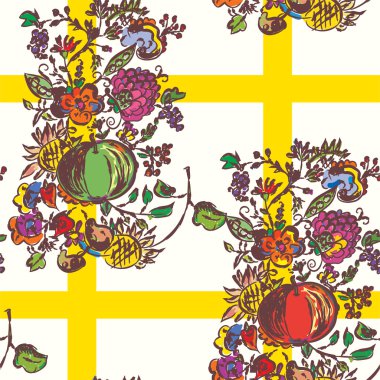 Seamless pattern with autumn flowers and fruits clipart