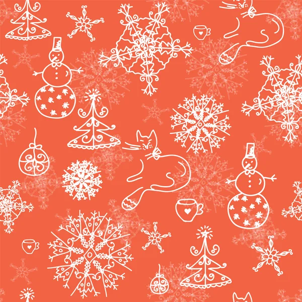 Vánoční bezešvé vzor s kočkami, stromy a sníh — Stockový vektor