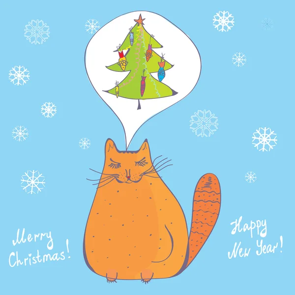 Kerstmis kat met fir tree — Stockvector