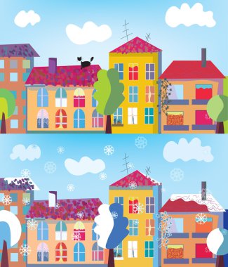 Town in summer and winter banner clipart