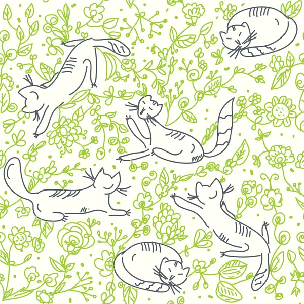 Papel de parede floral sem costura com gatos —  Vetores de Stock