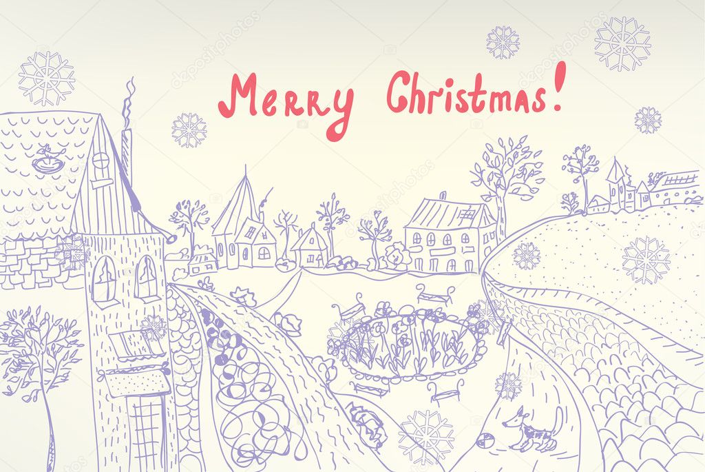 Retro christmas card with town