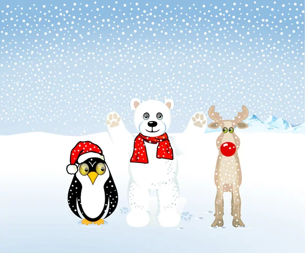 ペンギン、ホッキョクグマ、トナカイがクリスマスを祝っています。 — ストックベクタ