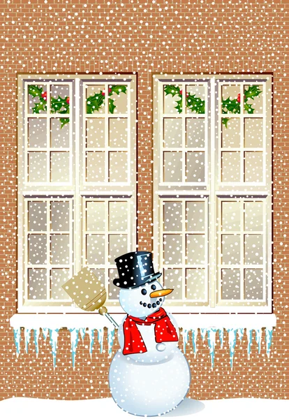 Χιονάνθρωπος μπροστά από το σπίτι — Διανυσματικό Αρχείο