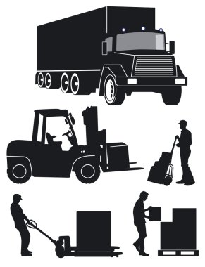 Worker with fork pallet truck clipart