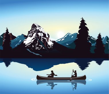 Canoeing and mountain scenery clipart