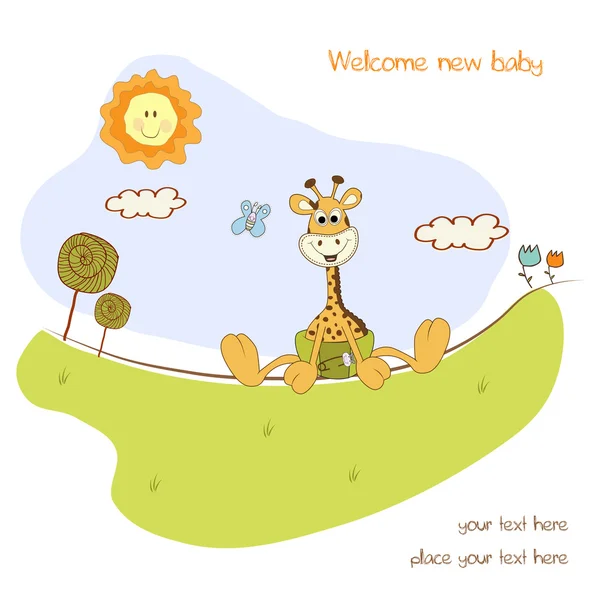 Nowe dziecko ogłoszenia kartą żyrafa dziecka — Zdjęcie stockowe