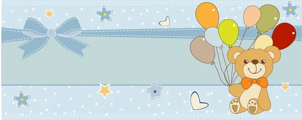New baby announcement card with teddy bear and balloons — Stock Photo, Image