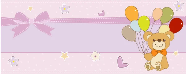 Nueva tarjeta de anuncio de bebé con osito de peluche y globos —  Fotos de Stock