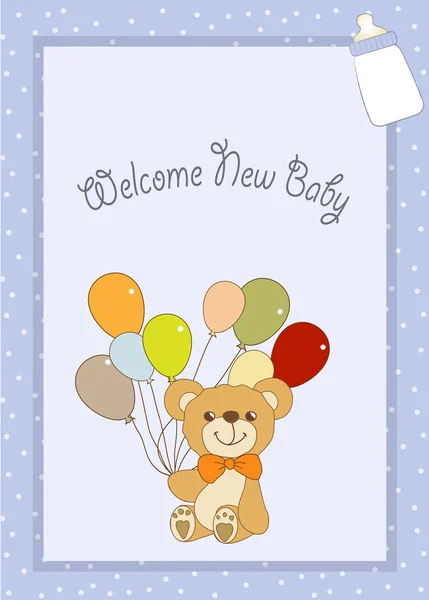 Nuova scheda di annuncio bambino con orsacchiotto e palloncini — Foto Stock