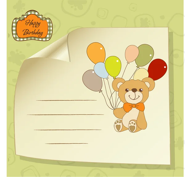 Novo cartão de anúncio do bebê com ursinho de pelúcia e balões — Fotografia de Stock
