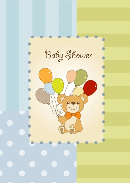 Нова дитяча листівка з плюшевим ведмедем і повітряними кульками — стокове фото